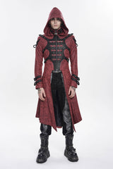 Red Stand Collar Long Sleeves Printed Spliced Studded Buckled Zippered Eyelet Men's Punk Cool Hooded Jacket - Red - 1