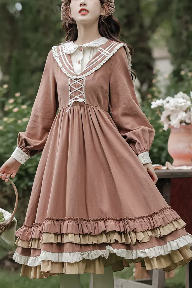Brown Long Sleeves Multi-layer Ruffle Two Fake Pieces Sweet (Dress Only) front view