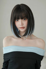 Sky Blue/Black Highlight Natural Face-Framing Clavicle Bob Sweet Lolita Wig - Product - 5