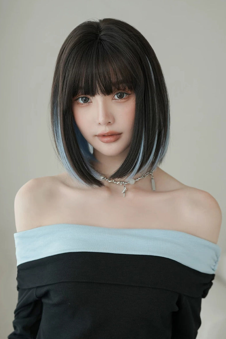 Sky Blue/Black Highlight Natural Face-Framing Clavicle Bob Sweet Lolita Wig - Product - 5