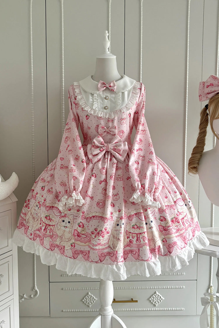 Pink [Strawberry Kitty] Peter Pan Collar Printed Ruffled Bow Sweet Lolita Dress - Pink - 1