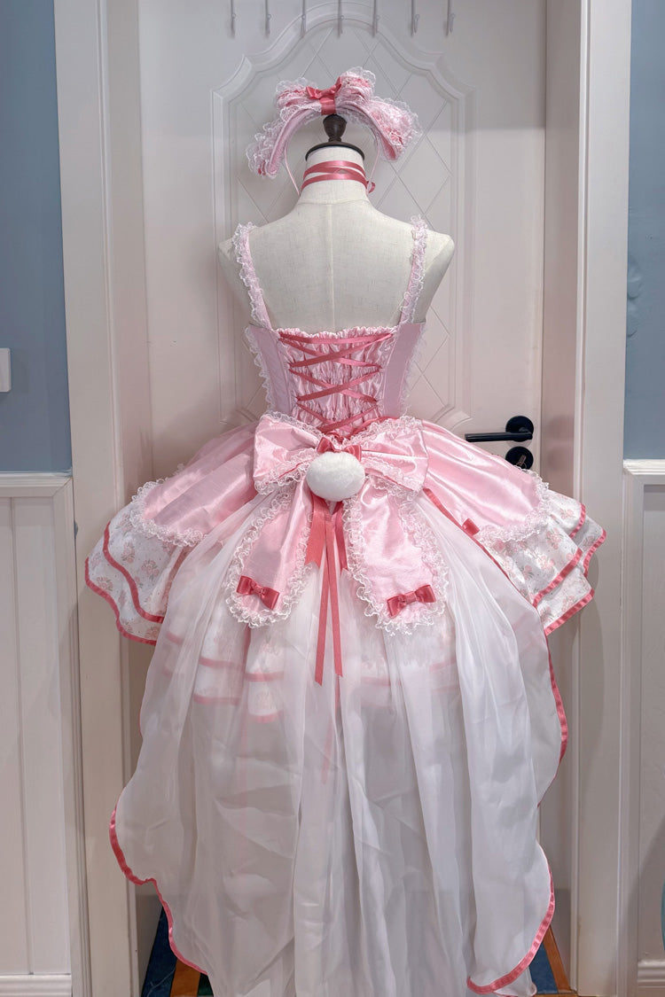 Pink [Jasmine Rain] Square Collar Sleeveless Triple-Layered Polka Dot Printed Ruffled Bow Lace Sweet Lolita Jsk Dress - Product - 3
