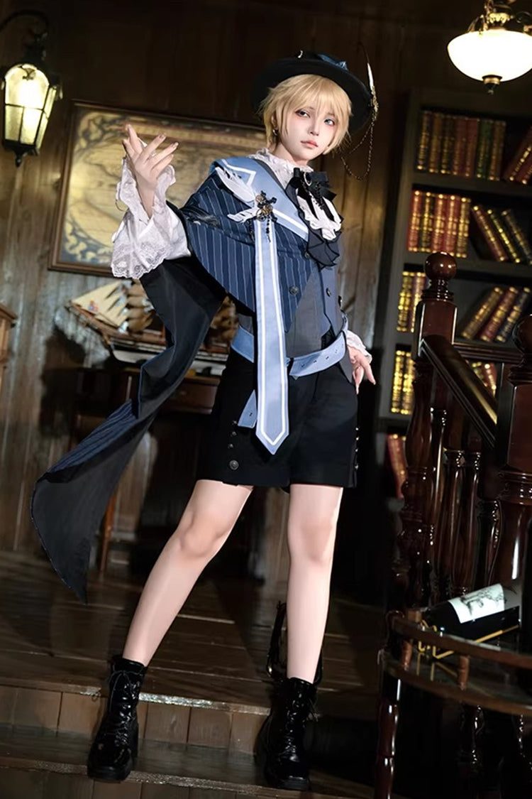 White/Grey/Blue [Age of Machines] Bow Asymmetric Punk Prince Ouji Lolita Shorts Vest Cloak Set - White/Grey/Blue - 1