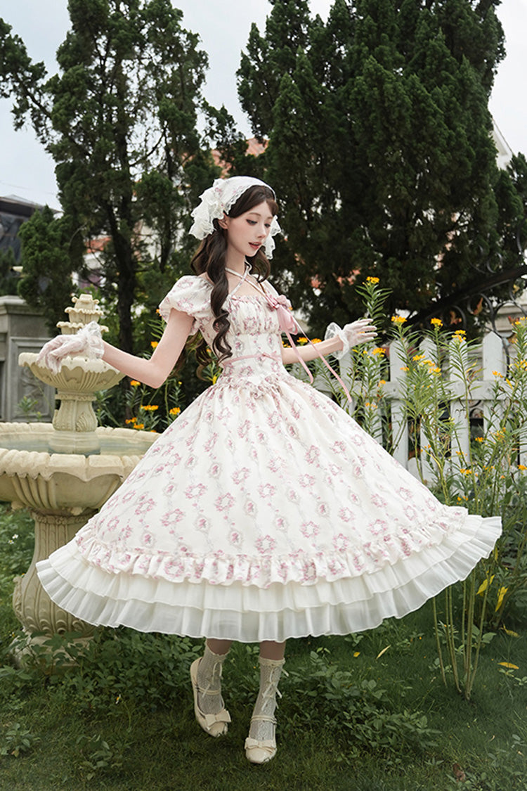 Ivory [Rose After The Rain] Short Sleeves Triple-Layered Print Ruffle Bowknot Lace-Up Sweet Lolita Long Dress - Product - 5