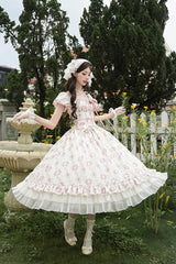 Ivory [Rose After The Rain] Short Sleeves Triple-Layered Print Ruffle Bowknot Lace-Up Sweet Lolita Long Dress - Product - 5
