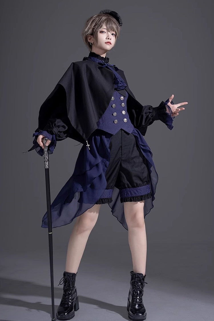 Black/Blue Evil Twins Ouji Prince Handsome Lolita Vest Shirt Shorts Set - Product - 6