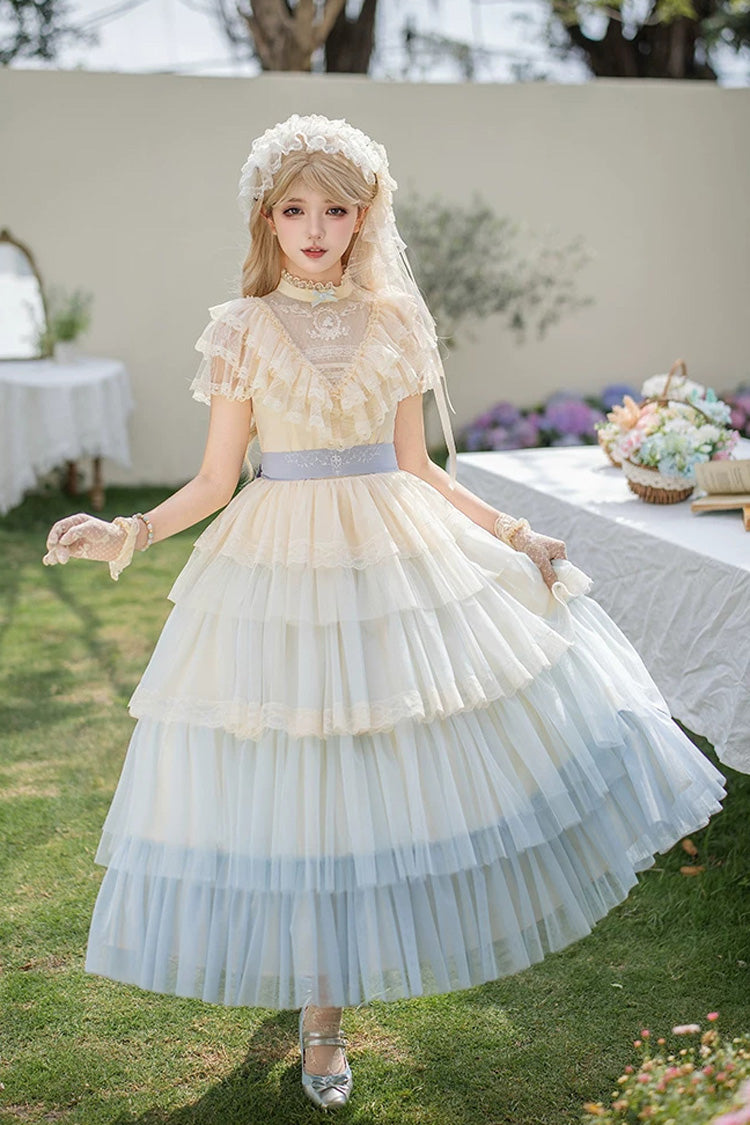 Blue [Sincere Vow] Edwardian Collar Short Sleeves Ombre Multi-Layered Ruffled Embroidered Sweet Lolita Dress - Product - 15