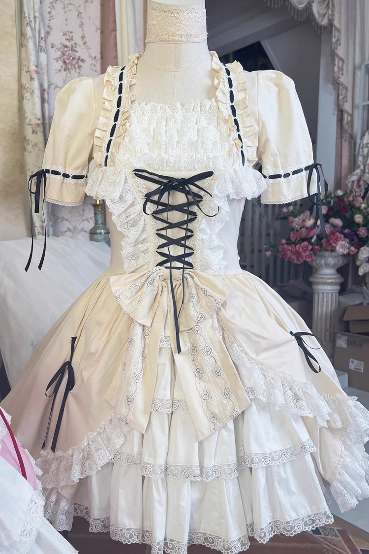 [Miss Rella] Short Sleeves Multi-Layered Ruffle Cardigan Bowknot Lace-Up Sweet Lolita Dress 9 Colors - Apricot - 13