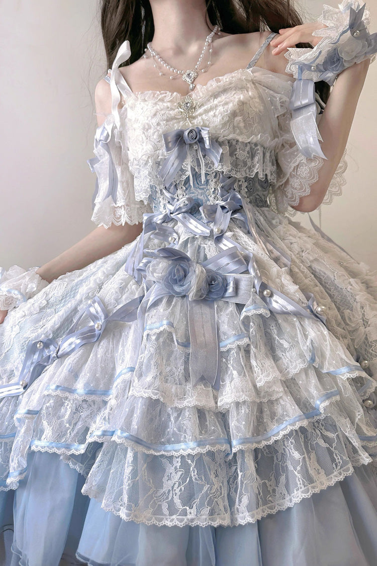 Blue [Diane Rose] Short Sleeves Multi-Layered Jacquard Ruffle Hanayome Cardigan Bowknot Lace Sweet Lolita Dress - Product - 15