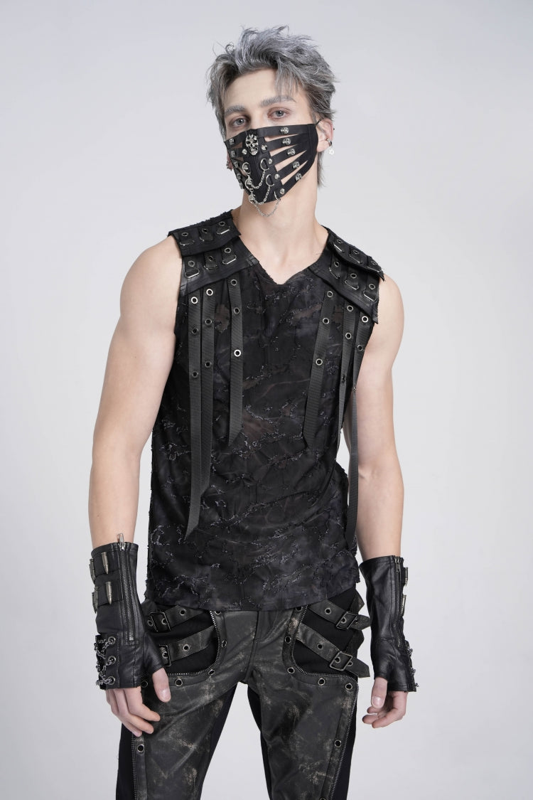 Black Sleeveless Eyelet Strap Distressed Men's Gothic Vest - Product - 2