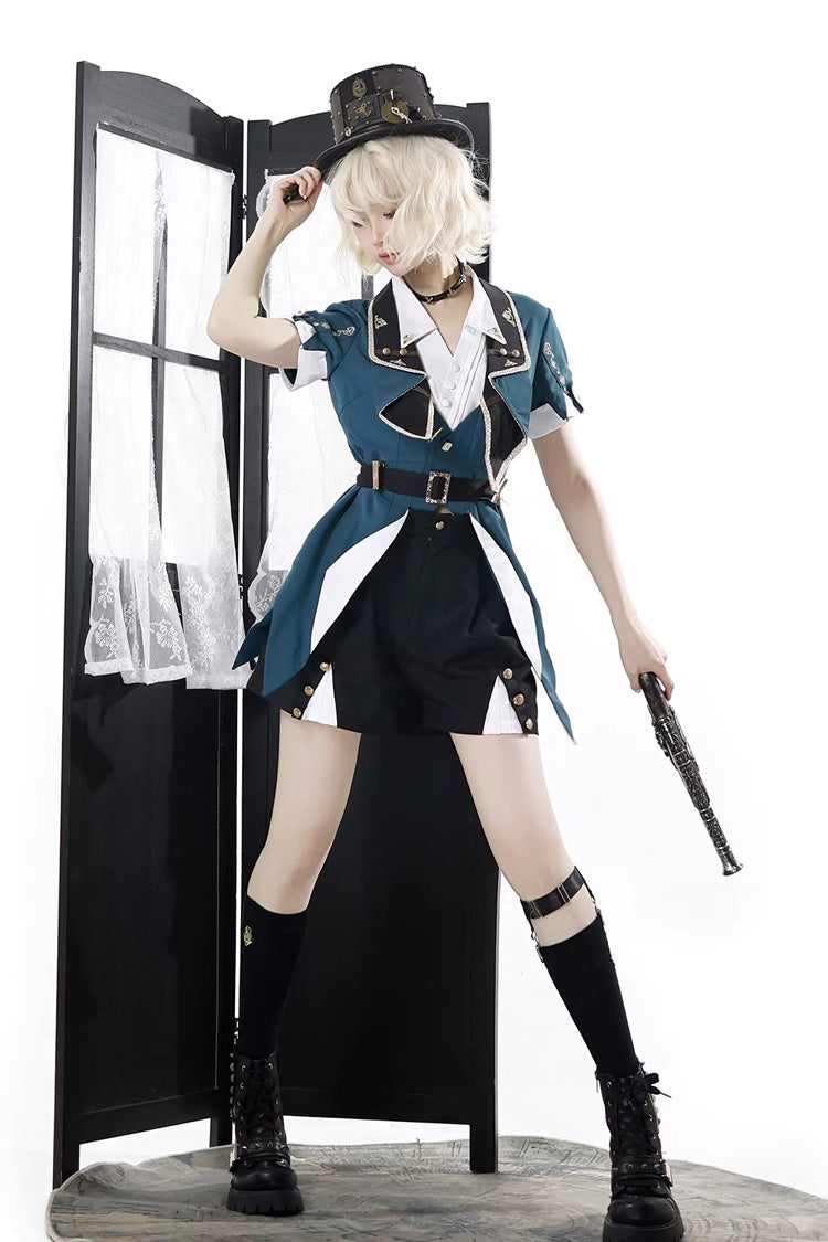 Black/Green [Anlexia Bookstore] Square Collar Short Sleeves Embroidered Studded Gothic College Style Prince Handsome Ouji Lolita Set - Product - 7