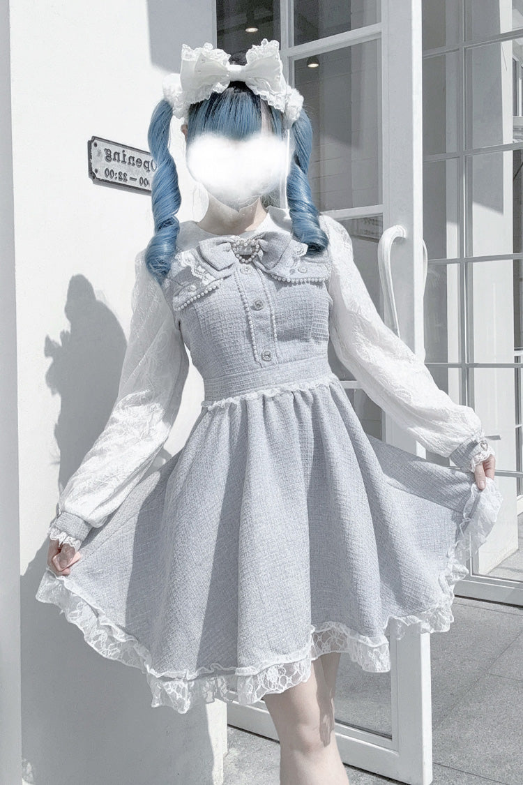 Grey Long Sleeves Bowknot Lace Pearl Sweet Jirai Kei Dress - Product - 3