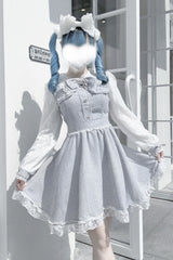 Grey Long Sleeves Bowknot Lace Pearl Sweet Jirai Kei Dress - Product - 3
