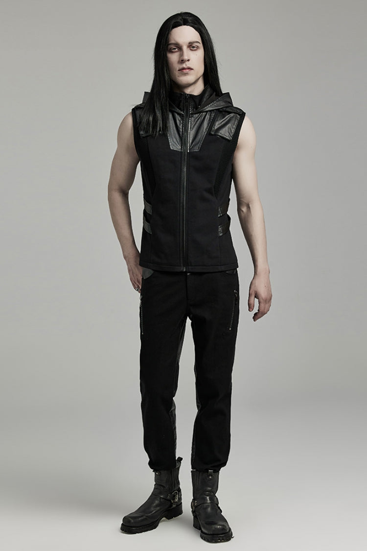 Black Stitching Hooded Men's Punk Vest - Product - 4