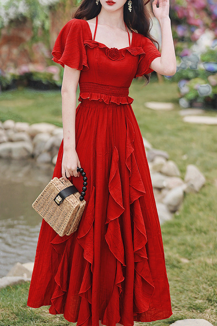 Red Square Collar Halterneck Short Sleeves High Waisted Ruffled Gothic Vintage Lolita Long Skirt Set - Product - 9