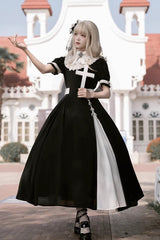 Black/White Short Sleeves Color-blocked with Detachable Embroidered Faux Collar Gothic Lolita Dress - Product - 2