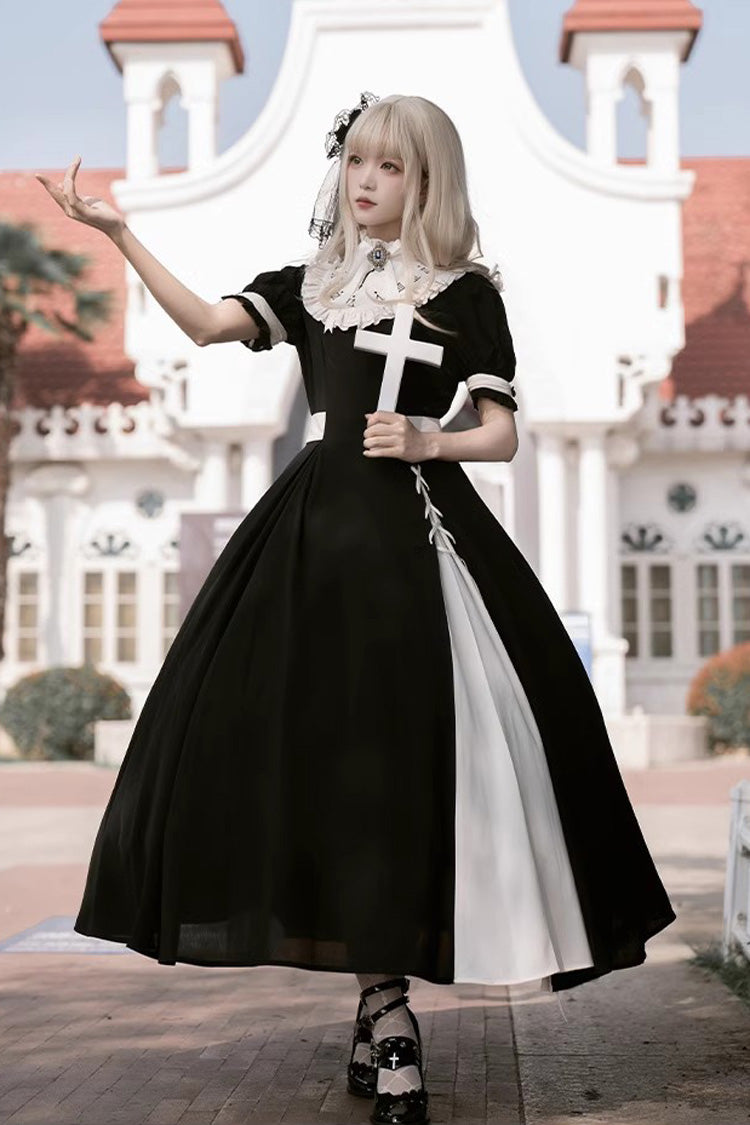 Black/White Short Sleeves Color-blocked with Detachable Embroidered Faux Collar Gothic Lolita Dress - Product - 2