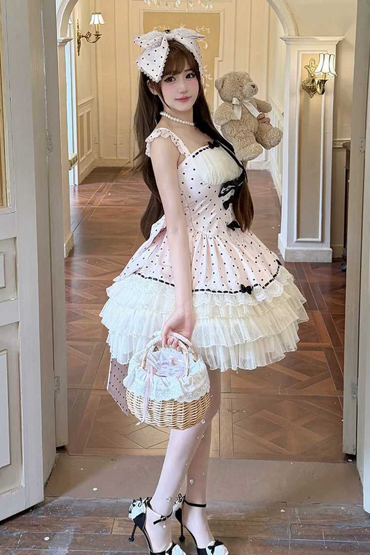 Pink [Polka Dot Waltz] Square Collar Flutter Sleeves Triple-Layered Printed Ruffled Bow Sweet Lolita Jsk Dress - Product - 8