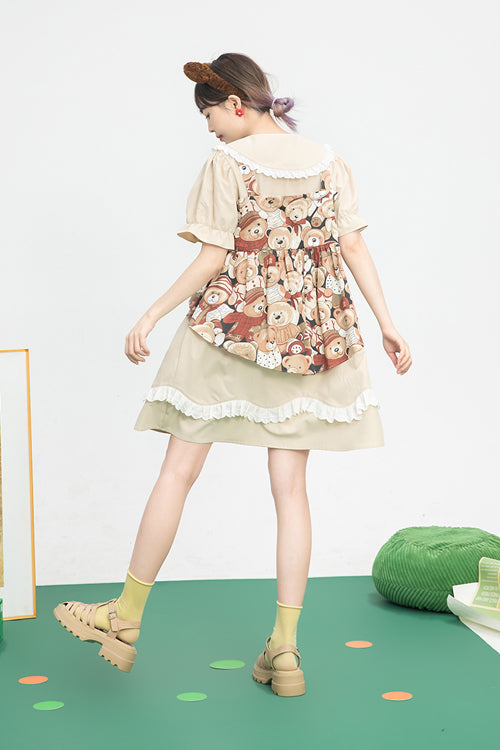 Beige Vintage Doll Collar Bear Print Fake Two Pieces Short Sleeves Sweet Lolita Dress - Product - 6