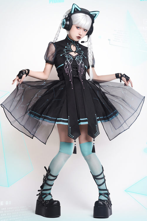 Black Sense Of Technology Butterfly Ember High Waisted Gothic Lolita JSK Dress Full Set - Product - 2