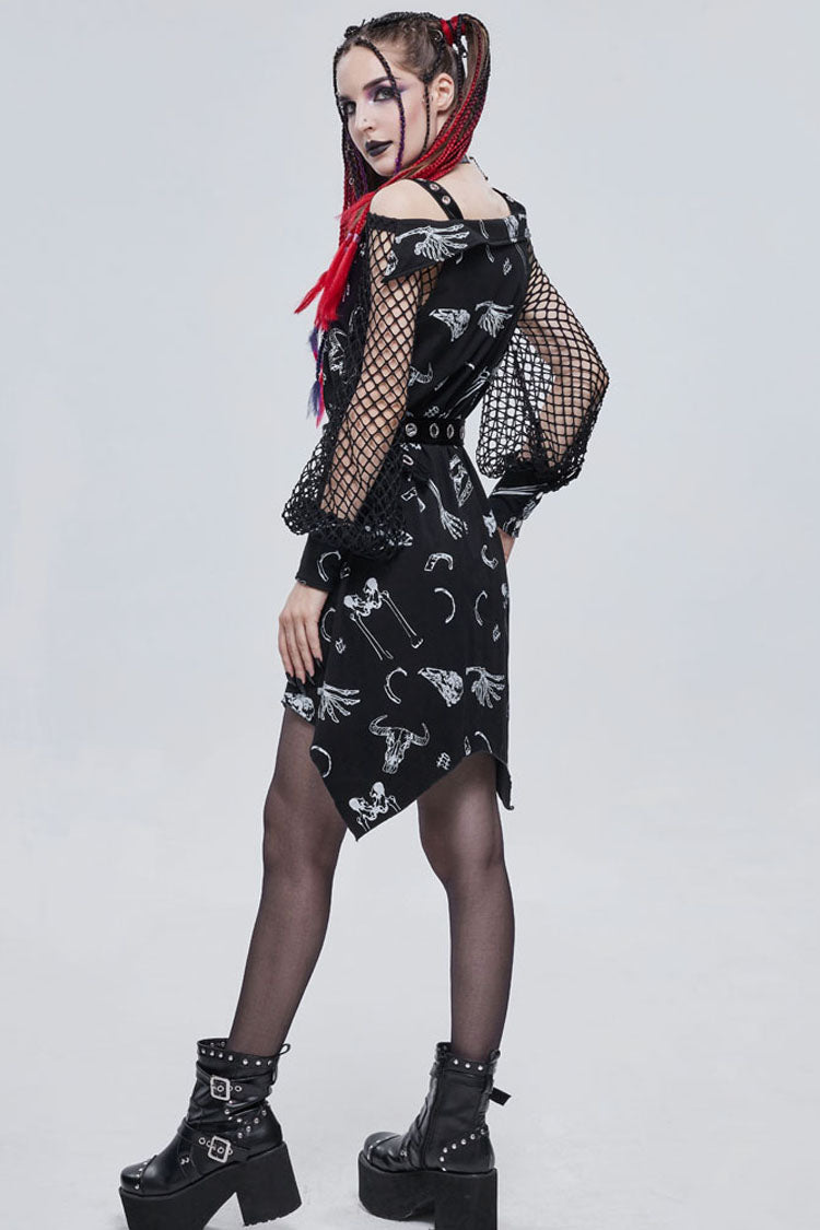 Black Gothic Knit Bone Print Sling Metal Grommet Strap Design Long Sleeve Women's Dress - Product - 10