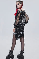 Black Gothic Knit Bone Print Sling Metal Grommet Strap Design Long Sleeve Women's Dress - Product - 10