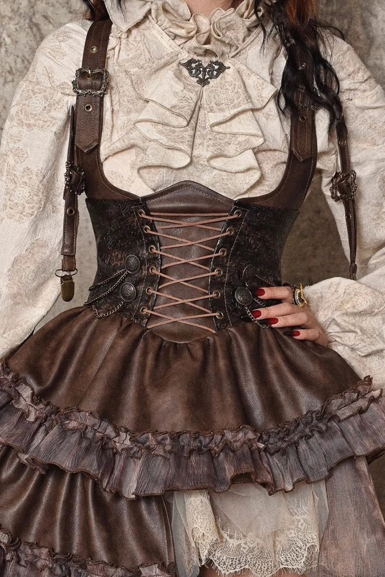 Brown Chest Straps Ruffle Irregular Detachable Tail Punk Lolita Dress - Product - 4