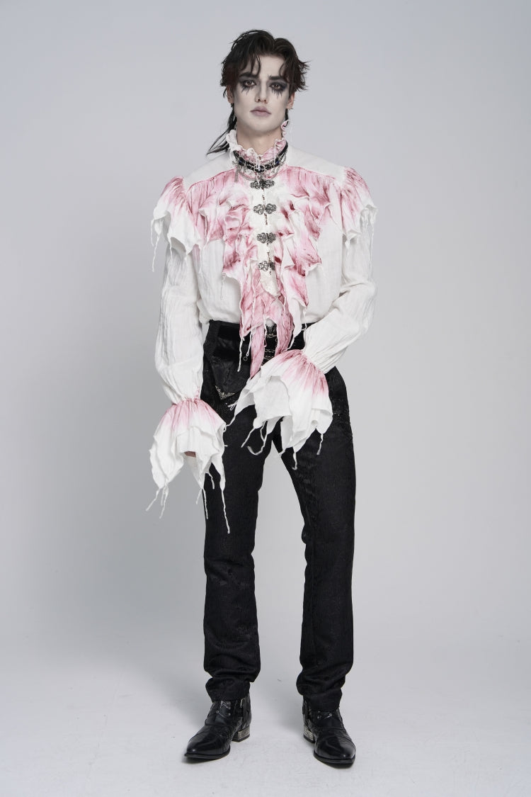 White High Collar Long Trumpet Sleeves Color-Blocked Pleated Men's Gothic Shirt - Product - 7