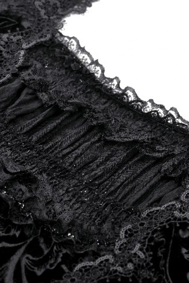 Black Square Collar Long Flared Sleeves Multi-Layered Lace Trim Lace-Up Women's Gothic Velvet Dress - Product - 14