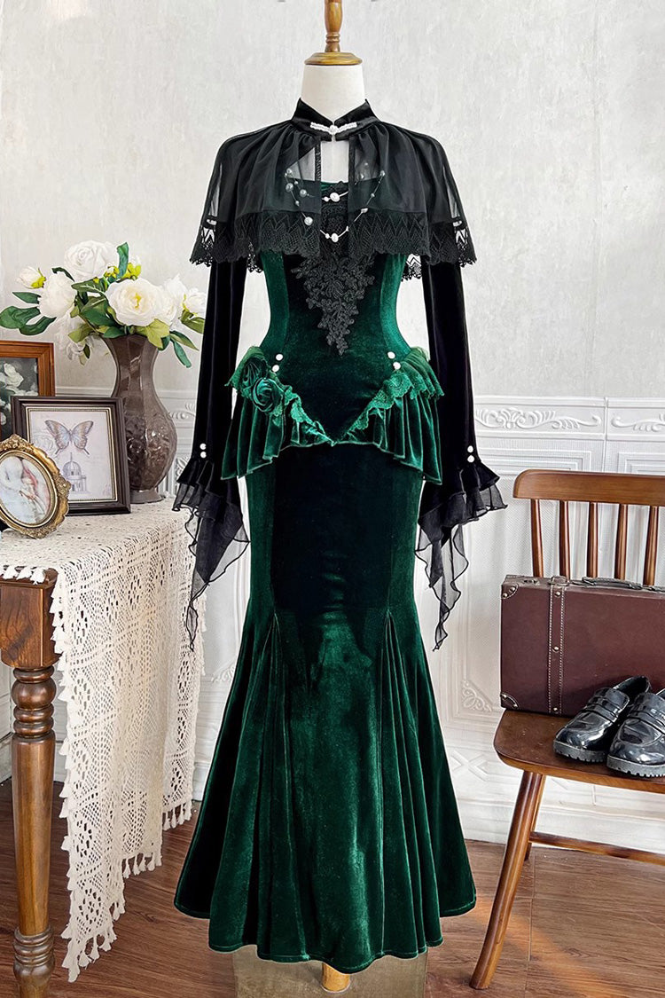 Green [Dark Forest] Ruffle Embroidery Slim Elegant Lolita Jsk Fishtail Dress - Green - 1