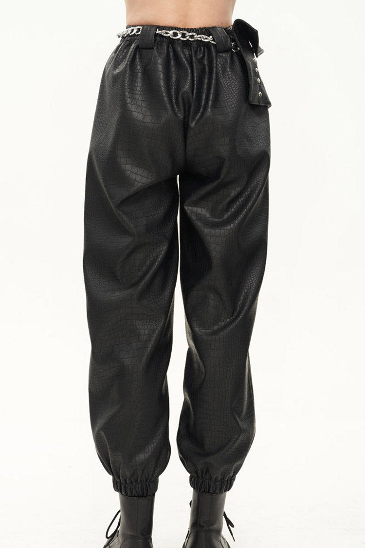 Black Gothic Crocodile Pattern Metal Chain Design Lantern Leather Women's Pants - Product - 4