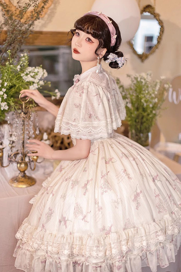 Multi-Color Bellflower Print Ruffle Lace Sweet Princess Lolita Dress - Product - 8