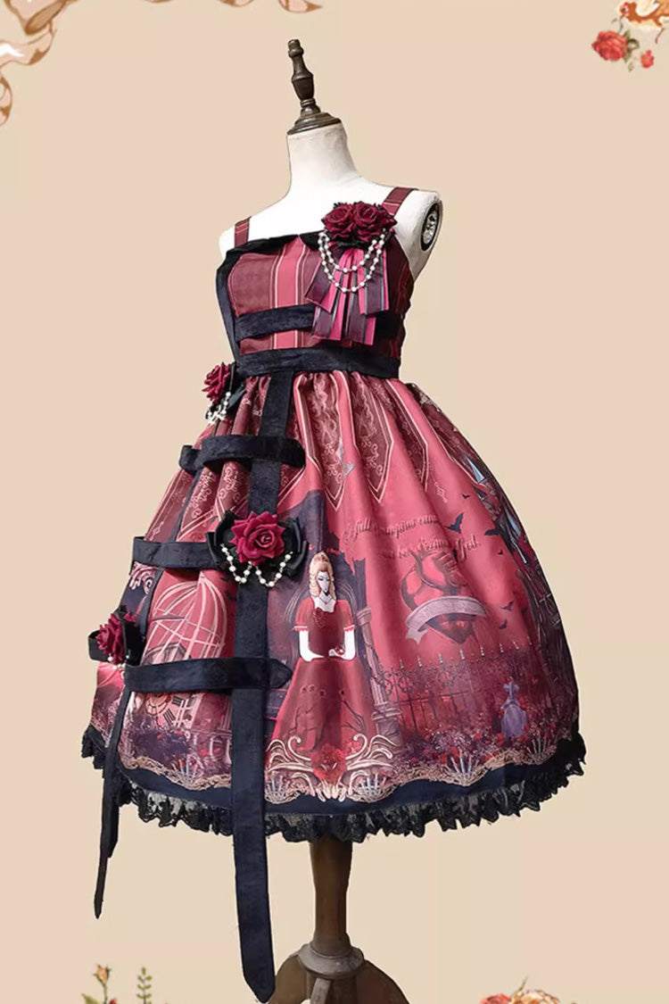 Midnight Magic Church Print Ruffle Punk Lolita Jsk Dress 3 Colors - Black/Red - 7