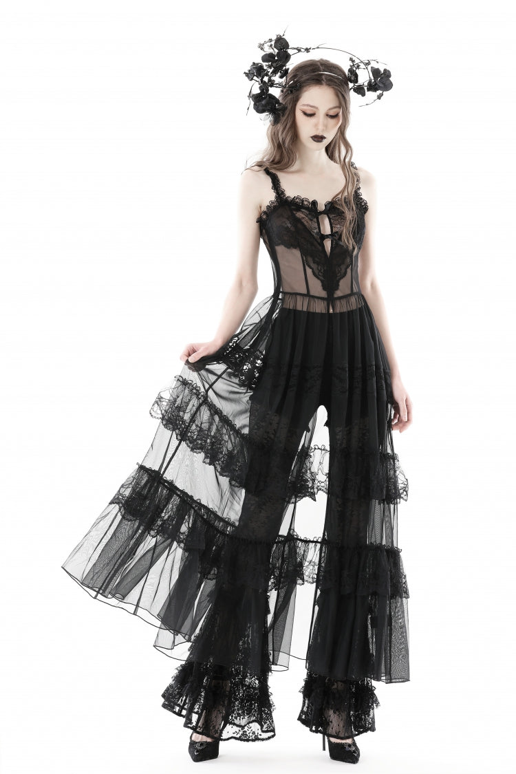 Black Sleeveless Hearted Multi-Layered Lace Split Sheer Mesh Women's Gothic Maxi Slip Dress - Product - 8