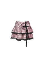 Pink Rock Heart Plaid Double-Layered Ruffled Women's Lolita Mini Skirt with Lace Hem - Product - 3