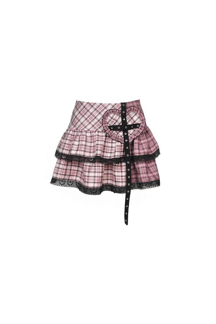 Pink Rock Heart Plaid Double-Layered Ruffled Women's Lolita Mini Skirt with Lace Hem - Product - 3