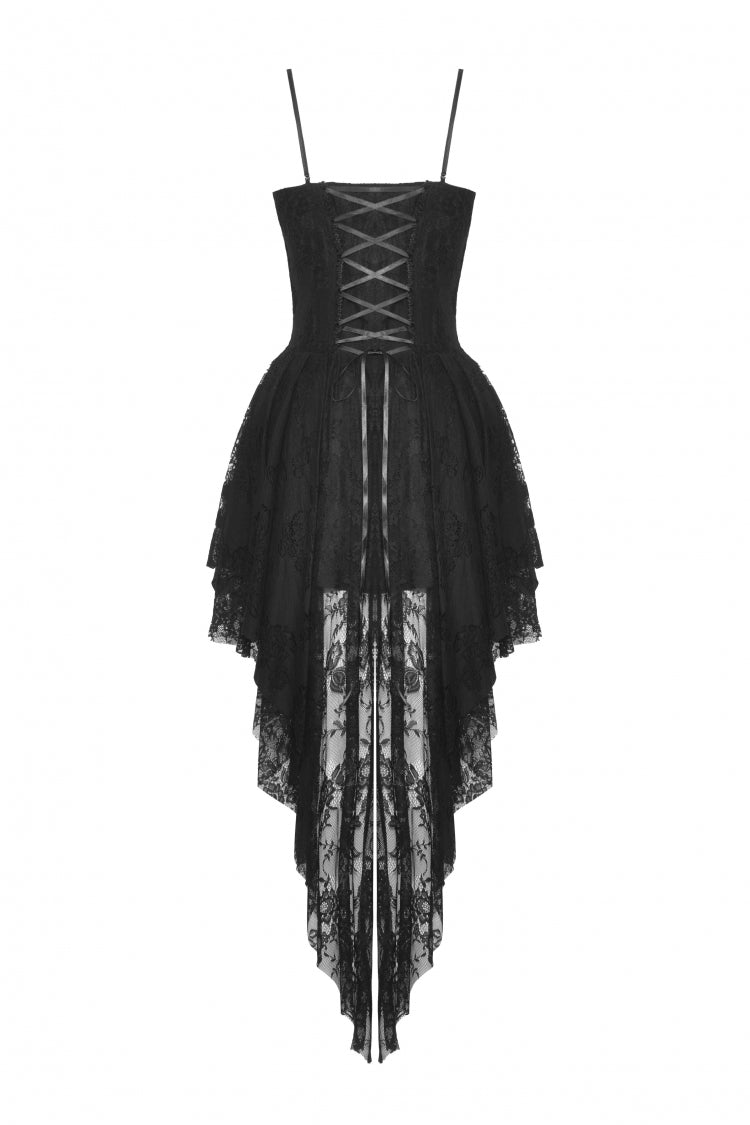 Black Sleeveless Rose Lace Lace-Up Women's Gothic High Low Dovetail Slip Wedding Dress - Product - 12