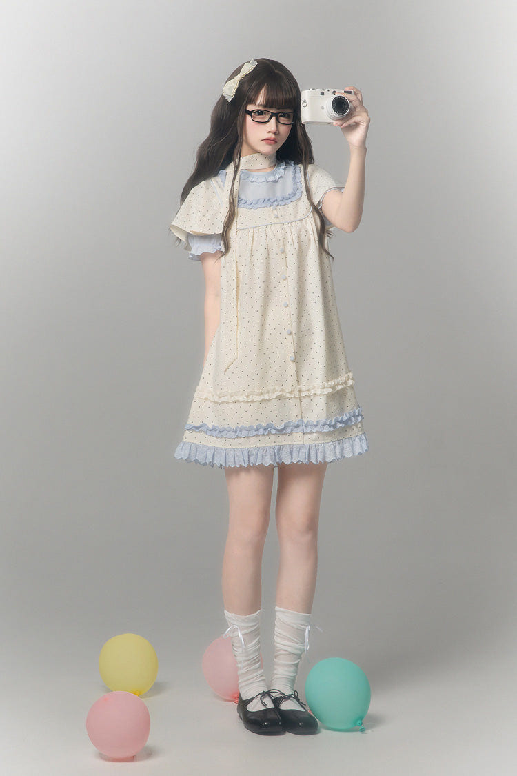 Aqua [Polka Dot Bouclé] Round Collar Long Sleeves Printed Ruffled Faux Two-Piece Sweet Japanese Lolita Dress - Product - 9