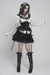 Black/White Stand Collar Short Sleeves Embroidered Lace Lace-Up Slim Pleated Women's Gothic Palace Blouse - Product - 7