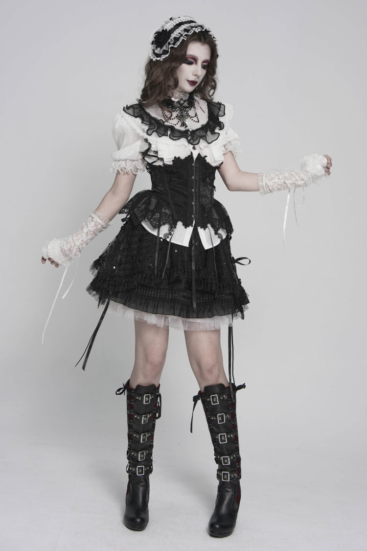 Black/White Stand Collar Short Sleeves Embroidered Lace Lace-Up Slim Pleated Women's Gothic Palace Blouse - Product - 7