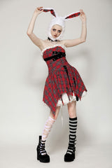 Red Buckled Frayed Asymmetric Hem Women's Punk Grunge Plaid Mini Slip Dress - Product - 10