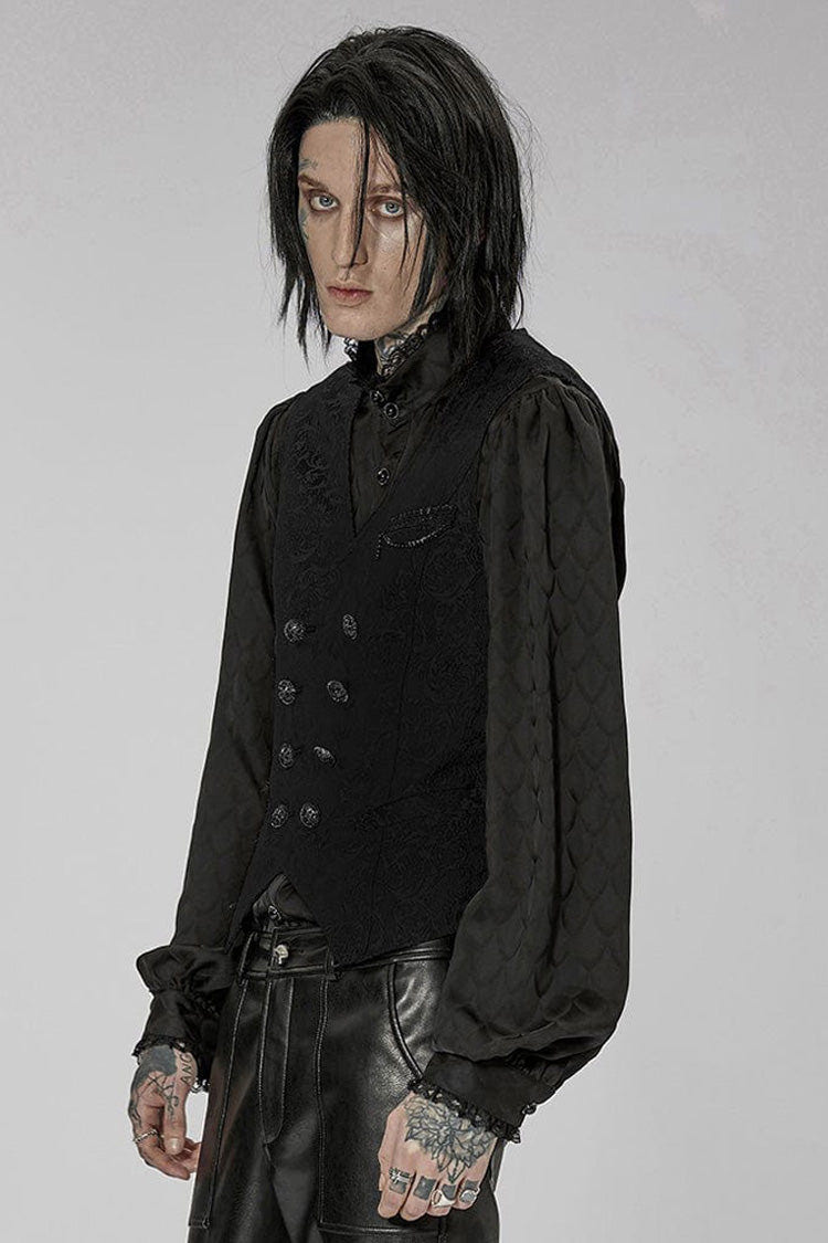 Black Punk Gorgeous V Neck Asymmetrical Relief Sculpture Jacquard Double Row Hand Seam Button Men's Vest - Product - 2
