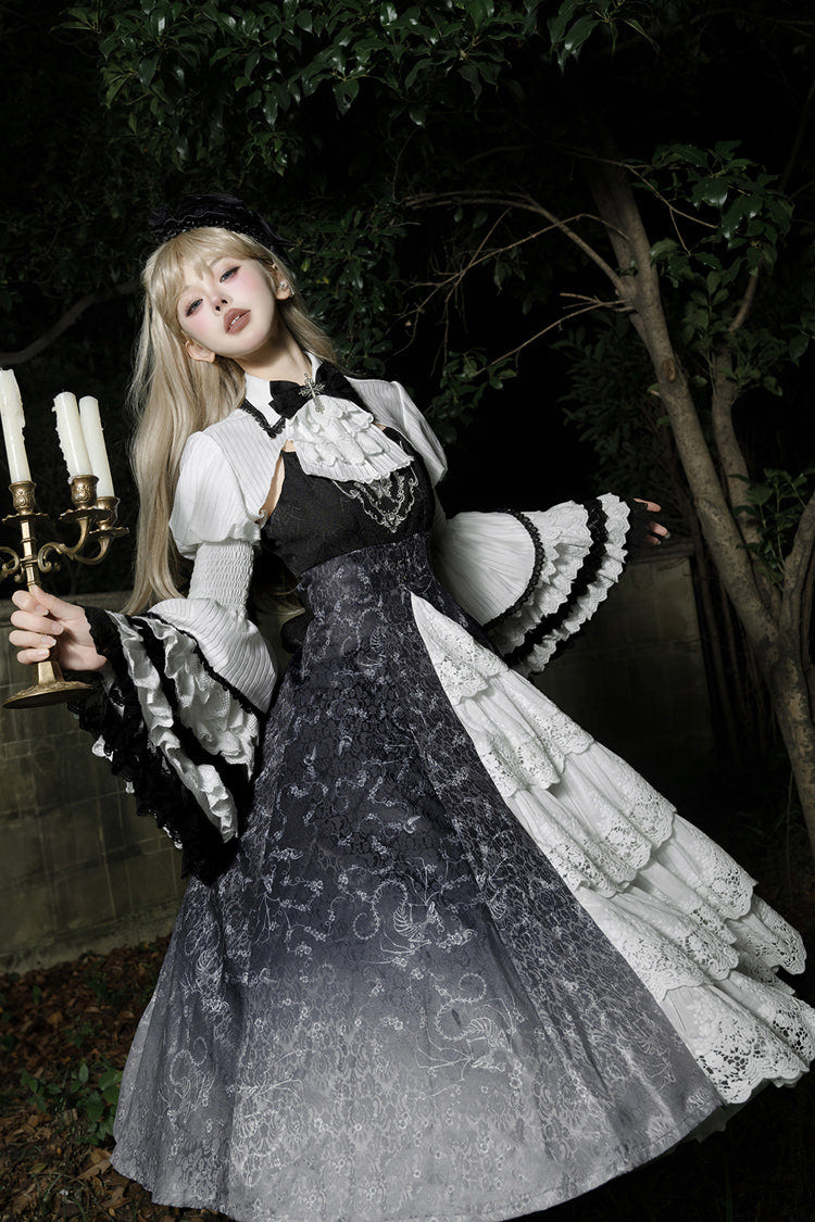 Black/White Print Bone Magic Ruffle Cardigan Lace Classic Gothic Princess Lolita Jsk Dress - Product - 9