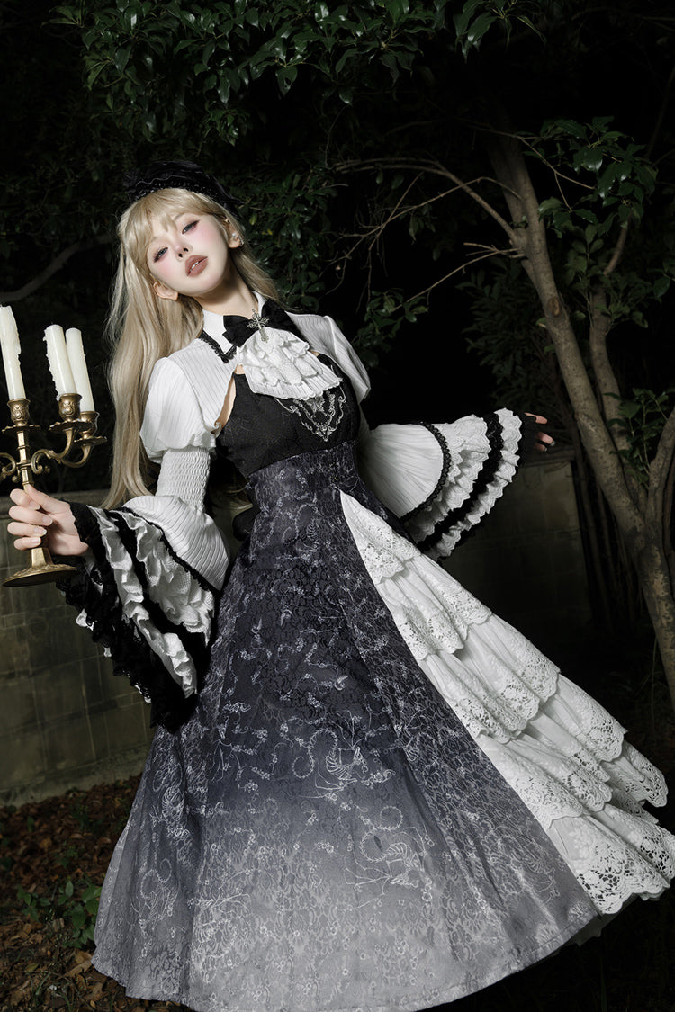 Black/White Print Bone Magic Ruffle Cardigan Lace Classic Gothic Princess Lolita Jsk Dress - Product - 9