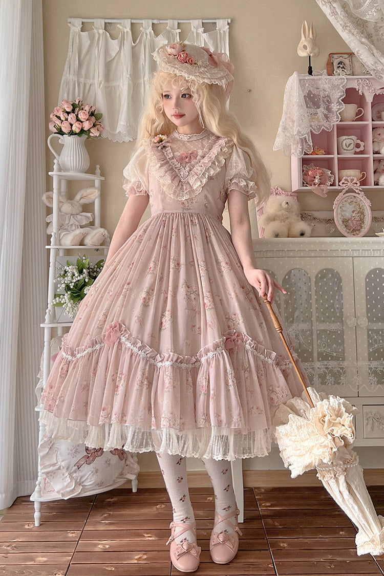 [Daydream Rose] Short Sleeves Floral Jacquard Print Ruffle Embroidery Bowknot Sweet Lolita Dress 3 Colors - Product - 14
