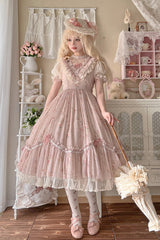 [Daydream Rose] Short Sleeves Floral Jacquard Print Ruffle Embroidery Bowknot Sweet Lolita Dress 3 Colors - Product - 14