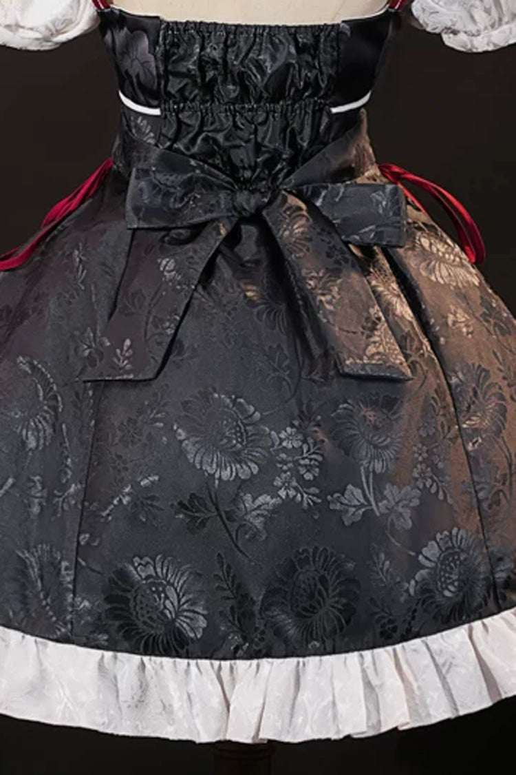 Black [Krul Tepes Seraph of the End] Stand Collar Short Sleeves Ruffled Embroidered Bow Classic Chinese Inspired Lolita Hanfu Dress - Product - 3