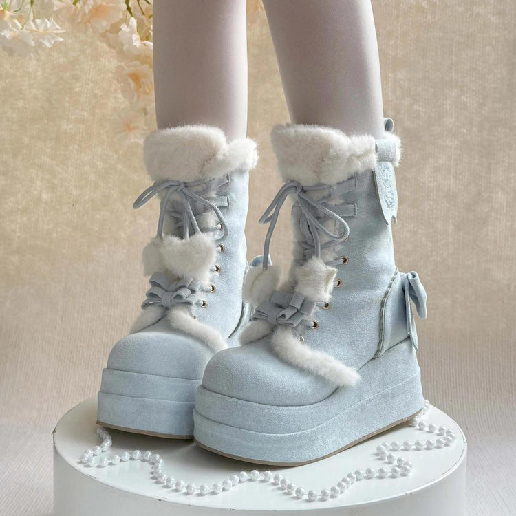Blue Cute Platform Thick-Soled Bowknot Lace-Up Sweet Lolita Plush Boots - Blue - 1