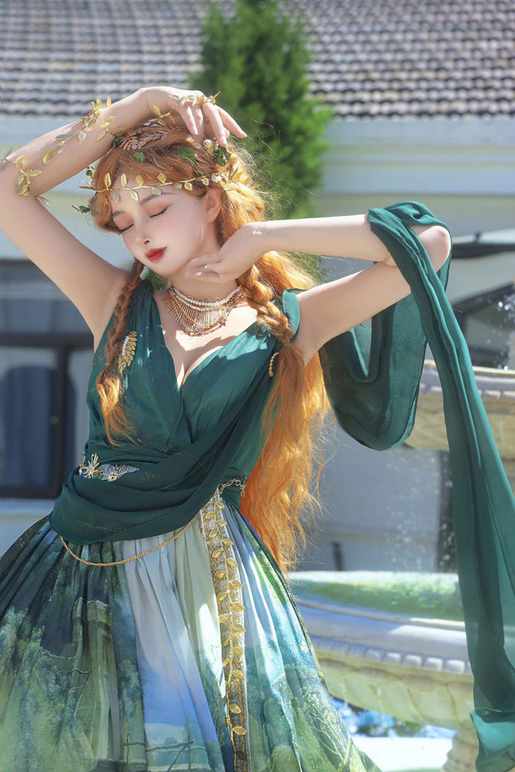 Green [Grace in Favor] V Collar Sleeveless Oil Painting Printed Sweet Lolita Jsk Dress - Product - 2