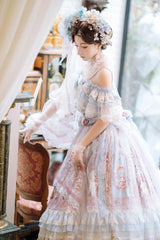 Blue [Moonlight Melody] Off Shoulder Sleeveless Multi-Layered Hanayome Open-Front Bow Lace Sweet Gorgeous Lolita Jsk Dress Set - Product - 9
